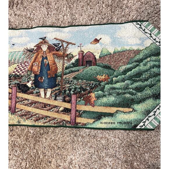 Vintage Debbie Mumm Tapestry Table Runner Tassels Farmhouse Fall Scarecrows - Picture 1 of 8